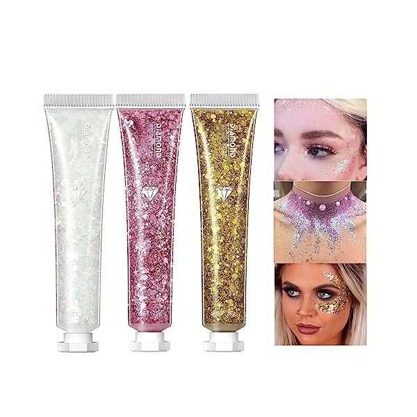 Lot de 3 gels à paillettes pour le visage, le corps, les yeux, les cheveux, les ongles, les fêtes, les festivals, les fêtes, 