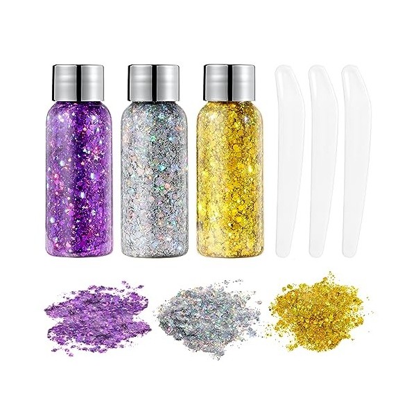 URAQT 3PCS Paillettes Visage, Glitter Body Gel,Paillettes Corps, Paillette Gel Liquide, Mermaid Sequins Body Glitter,pour Fes