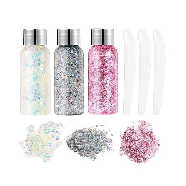 URAQT 3PCS Paillettes Visage, Glitter Body Gel,Paillettes Corps, Paillette Gel Liquide, Mermaid Sequins Body Glitter,pour Fes