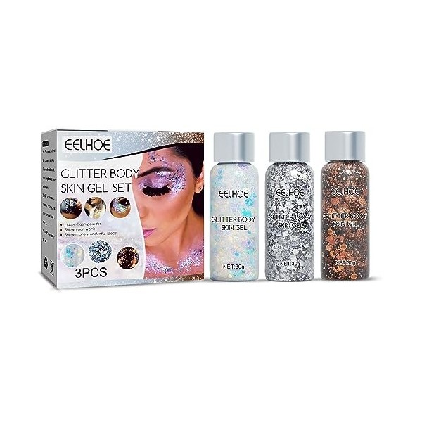 BeauFairy 3 Couleurs Lumineuse Gel Paillettes Corps, 30 g, Maquillage Paillettes Corps, Mermaid Sequins Body Glitter, Fluores