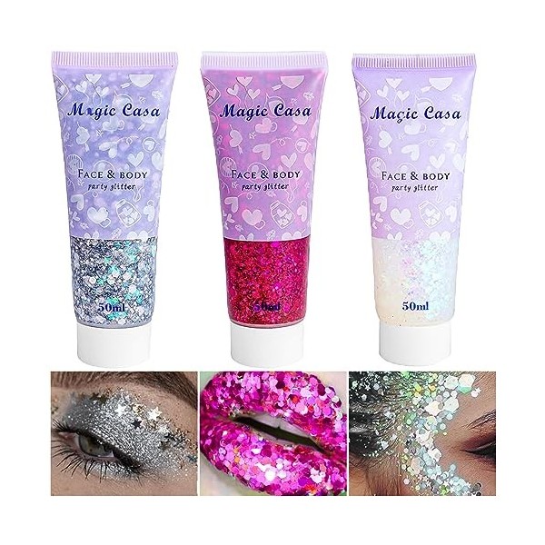 3 PCS Gel Paillettes Visage,Paillettes Cheveux,Paillette Cheveux,Paillette Visage,pour Visage Cosmétique Fard À Paupières Lèv