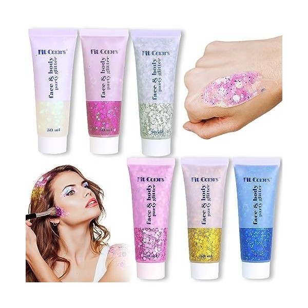 Paillette Glitter Gel, 6 Couleurs Maquillage Paillette Paillettes Corps, Gel Chunky Paillettes, Paillette Cheveux Visage, Pai