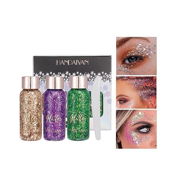 3 Pièces Paillettes pour le corps, Body Glitter Gel, Sparkling Chunky Glitter, Paillette Maquillage Gel, Chunky Paillettes Co