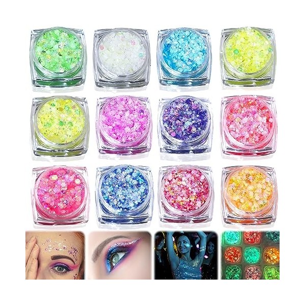 Gel à paillettes fluorescentes - 12 couleurs - Paillettes fluorescentes - Pour le visage, les lèvres, les cheveux, le corps