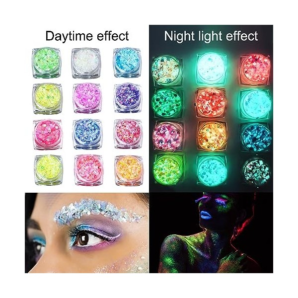 Gel à paillettes fluorescentes - 12 couleurs - Paillettes fluorescentes - Pour le visage, les lèvres, les cheveux, le corps