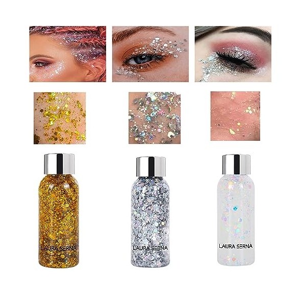 Pemarlis3 Bottle Paillettes Visage, Sparkling Chunky Glitter, Sirène Paillettes Chunky Glitter Liquide Fard À Paupières, Long