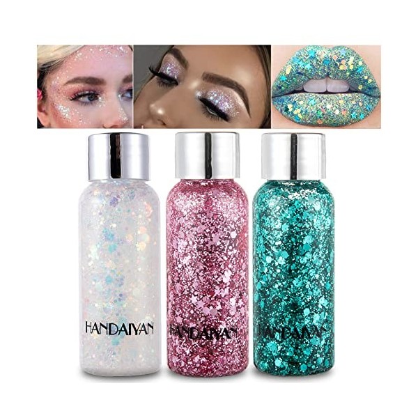 Prreal Body Glitter gel, 3 Bottle Mermaid Sequins Chunky Glitter Liquid Gel kit, Long-Lasting Glitter Sequins Chunky Powder G