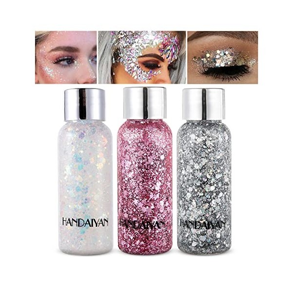 Prreal Body Glitter gel, 3 Bottle Mermaid Sequins Chunky Glitter Liquid Gel kit, Long-Lasting Glitter Sequins Chunky Powder G