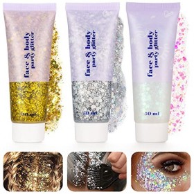 Dacitiery Lot de 3 gels à paillettes pour le corps, les cheveux, les ongles, les festivals, les fêtes, le maquillage - 50 ml