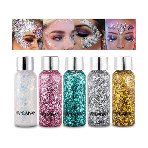 Prreal Lot de 5 flacons de gel liquide à paillettes pour le corps - Paillettes chunky - Pour festival, masquerade, anniversai