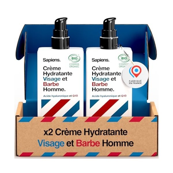 Sapiens Crème Hydratante Visage Homme BIO - 2en1 Creme Visage Homme & Soin Barbe Homme - Enrichie en acide hyaluronique et Q1
