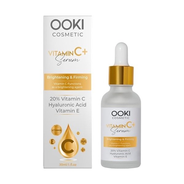 OOKI COSMETIC - Sérum Visage Vitamine C, Acide Hyaluronique, Vitamine E, Sérum éclaircissant Anti-âge Pour les Soins de la Pe