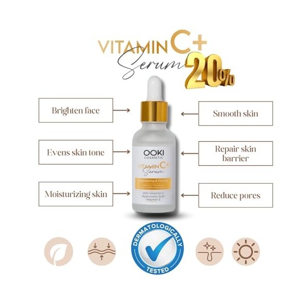 OOKI COSMETIC - Sérum Visage Vitamine C, Acide Hyaluronique, Vitamine E, Sérum éclaircissant Anti-âge Pour les Soins de la Pe