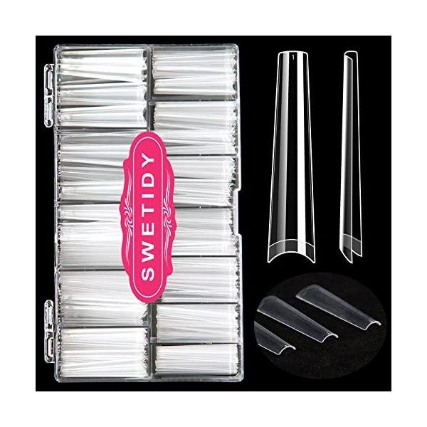 No C Curve Lot de 420 faux ongles longs en forme de cercueil en acrylique transparent en forme de cercueil pour salon et mais