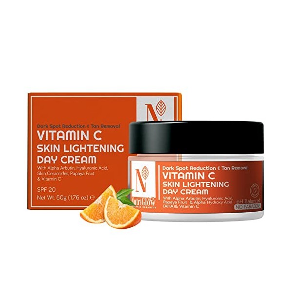 Nutriglow Advanced Organics Vitamin C Skin Lightening Day Cream for Dark Spot Reduction & Tan Removal - All Skin Types - 50G