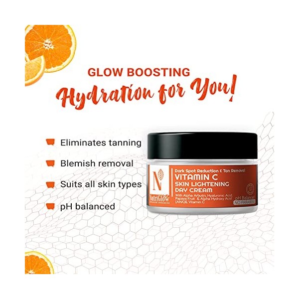 Nutriglow Advanced Organics Vitamin C Skin Lightening Day Cream for Dark Spot Reduction & Tan Removal - All Skin Types - 50G