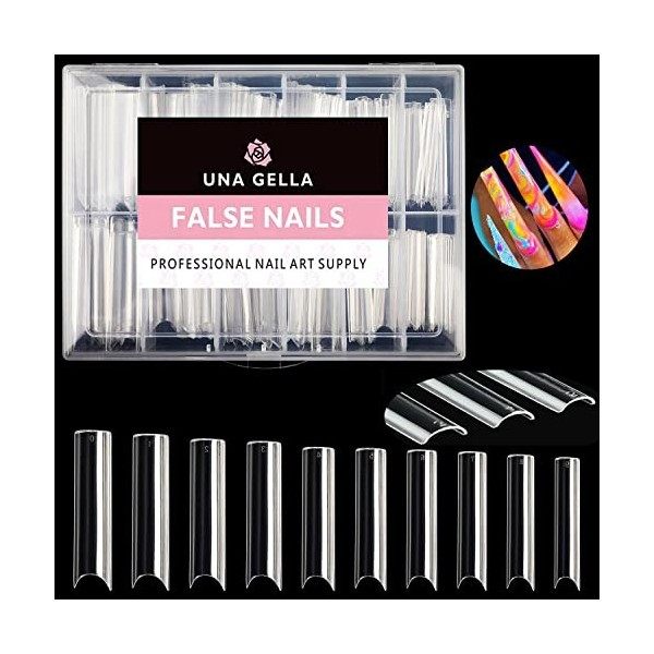 UNA GELLA Extra Long C Curve Half Cover Clear Nail Tips 240 PCS Extra Long Sizes Long Square Straight French Shape Nail Ti...