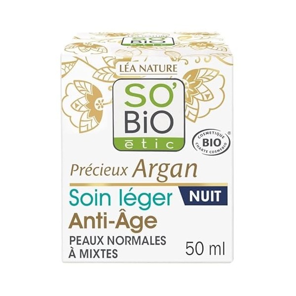 SO BIO - Soin Leger Nuit Anti-Age 50Ml Bio pour une Peau Eclatante au Réveil - Hydratation et Régénération Intenses de la Pea