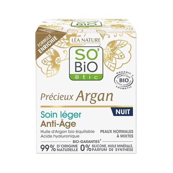 SO BIO - Soin Leger Nuit Anti-Age 50Ml Bio pour une Peau Eclatante au Réveil - Hydratation et Régénération Intenses de la Pea