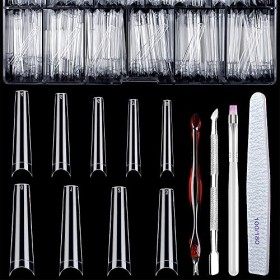 Lot de 550 faux ongles extra longs en forme de cercueil en acrylique transparent avec boîte 10 tailles 