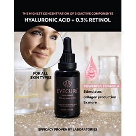 0,3% Rétinol + Acide Hyaluronique Evecure Nuit Sérum Visage 30 ml | Serum Hydratant Anti-Rides pour Hommes Et Femmes | Traite