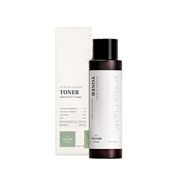 VILLAGE 11 FACTORY Lotion Tonique Active Clean 120 ml Korean Skincare - AHA, BHA, pour peau acnéique et grasse, ph doux, hy