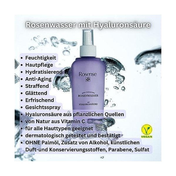 Rosense Spray eau de rose à lacide hyaluronique - Spray hydratant pour le visage - Végétalien - 100 % naturel - 200 ml