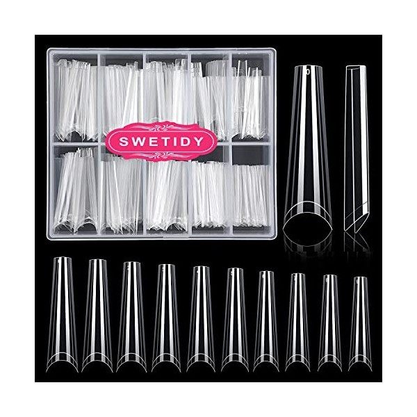 Swetidy Lot de 200 faux ongles longs et plats pour ongles en acrylique avec étui 10 tailles