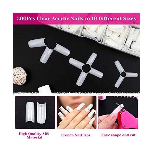 Natural Acrylic Nails, Shynek 500Pcs Half Cover French Fake Nail Tips with Nail Clipper, Nail Glue and Manicure Tools for ...