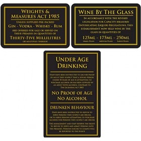 Mileta Poids & Measures Act 35 ml Sign & Wine by the Glass 125 ml 175 ml 250 ml & Under Age Law Sign Black – Gold – Lot de 3 