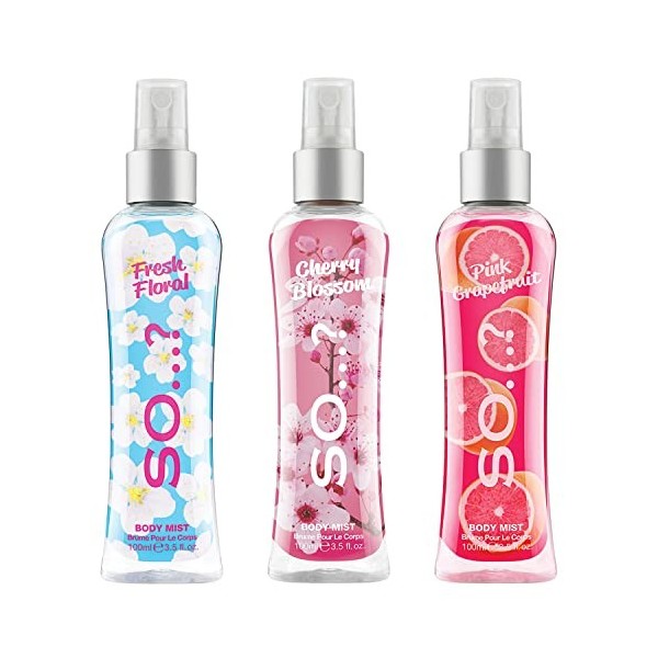 Body Mist by So…? Fresh Floral, Cherry Blossom, Pink Grapefruit Brume Corporelle Parfumée Pour Femme 100ml Lot de 3 