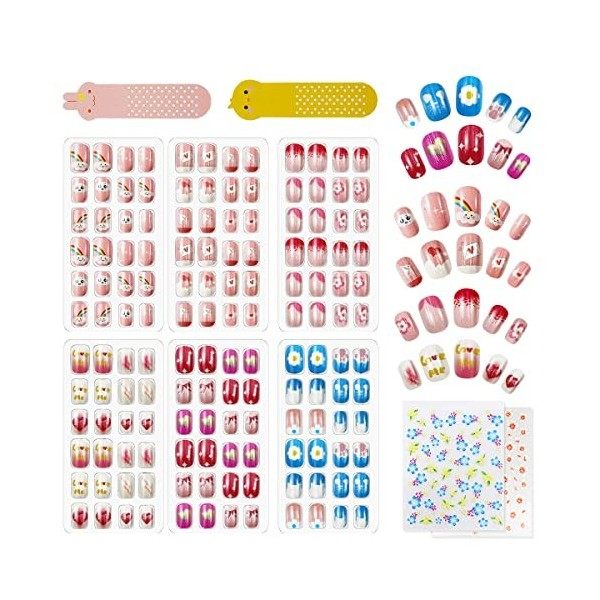 144 Pièces Faux Ongles pour Enfants, Faux Ongles Court, Appuyez sur Pré-collé Faux Ongles Artificiels Tips dOngle avec couve