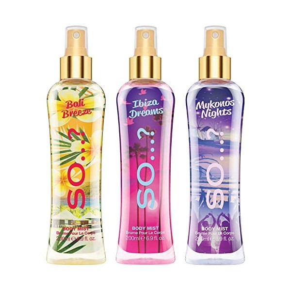 So…? Summer Escapes Bali Breeze, Ibiza Dreams, Mykonos Nights Brume Corporelle Parfumée Pour Femme 200ml Lot de 3 