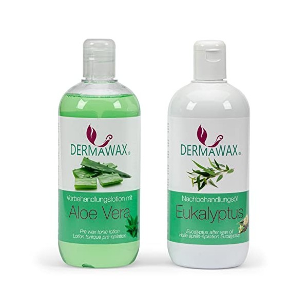 Dermawax Kit de pré-traitement et post-traitement à la cire - 500 ml Lotion tonique pre- epilation Aloe Vera et 500 ml Huile 
