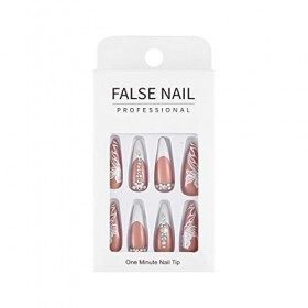 Sethexy Longue Stylet Faux Ongles Rose Fleur Brillant Coller sur les ongles Français Faux ongles 24 pièces Acrylique De lart