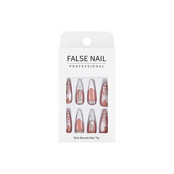 Sethexy Longue Stylet Faux Ongles Rose Fleur Brillant Coller sur les ongles Français Faux ongles 24 pièces Acrylique De lart