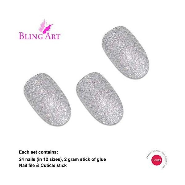 Faux Ongles Bling Art Argent Gel Ovale 24 Moyen Faux bouts dongles acrylique