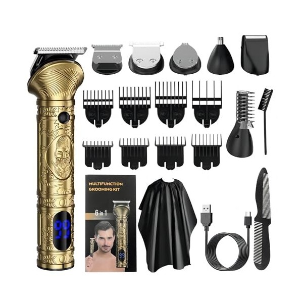 Roziapro Tondeuse à cheveux professionnelle 6 en 1 pour homme, kit de toilettage sans fil, tondeuse à barbe pour homme, recha