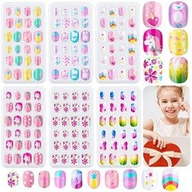 144 Pieces Girls Press on Nails Kids, Thrilez Children Fake Nails Artificial False Nail Tips Pre Glue Full Cover Short Acr...