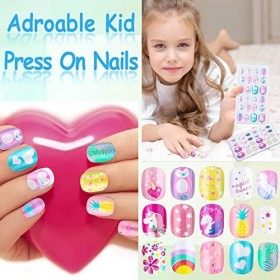 144 Pieces Girls Press on Nails Kids, Thrilez Children Fake Nails Artificial False Nail Tips Pre Glue Full Cover Short Acr...