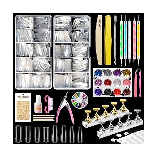 Kalolary Kit Manucure Ongles Nail Art Tips, 1000 Pièces Clair Capsules Ongles Conseils Kit Poudre Acrylique pour Allonger Les