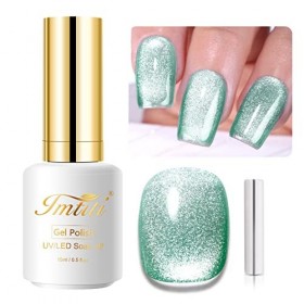 Imtiti Vernis à ongles gel de couleur vert clair, 15 ml holographique 9D yeux de chat pailleté, vernis à ongles gel UV magnét