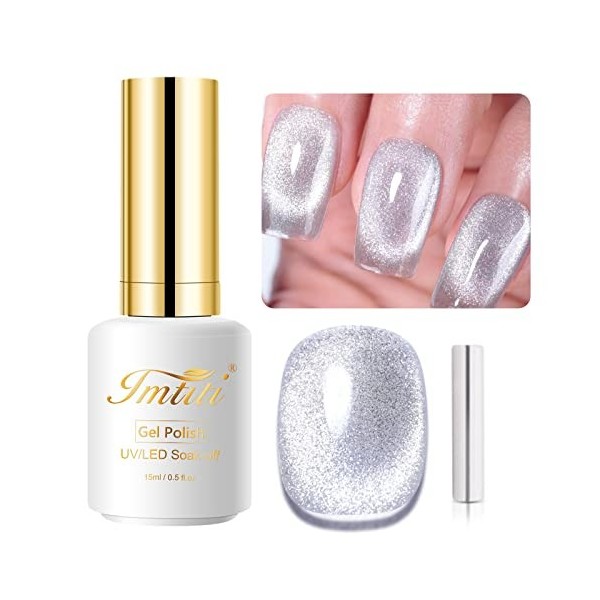 Imtiti Vernis à ongles gel de couleur vert clair, 15 ml holographique 9D yeux de chat pailleté, vernis à ongles gel UV magnét