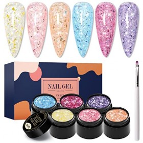 MEET ACROSS Aurora Glitter Gel Nagellack 6 Pcs Glitter Flake Nagellack Funkelnd glänzend Nude Pink Blau Lila Gold Glitter Gel