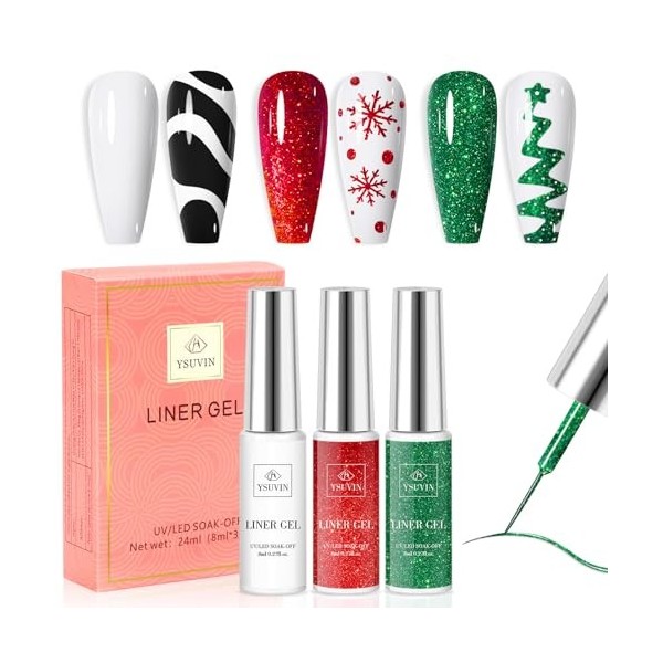 YSUVIN Vernis Semi Permanent, 3 Couleurs Blanc Rouge Vert Gel Liner Nail Art Pailleté Vernis à Ongles Soak Off UV pour French