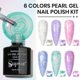 Supwee Vernis à Ongles Gel Perle, 6 Couleurs Fil Pailleté Shimmer Sirène Kit de Vernis Gel Soak Off UV LED Brillant Effet Coq