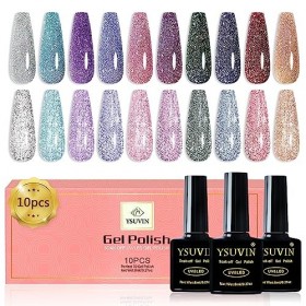 YSUVIN Vernis Semi Permanent Pailleté, 10 Couleurs Réfléchissants Rose Violet Bleu Noir Or Argent Diamant Flash Vernis à Ongl