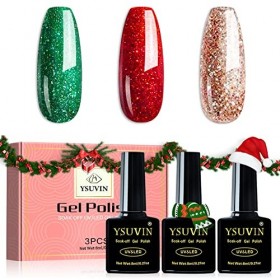 YSUVIN Vernis Semi Permanent Noël, 3 Couleurs Vert Rouge Or Paillettes Vernis à Ongles Soak Off UV Scintillant Halloween Noël
