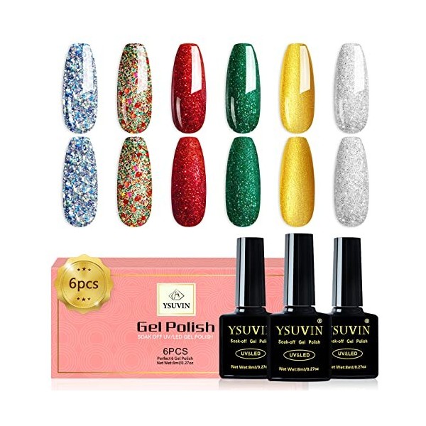 YSUVIN UV Vernis Gel Semi Permanent Noël, 6 Couleurs Vert Rouge Argent Or Jaune Bleu Paillettes Vernis À Ongles Soak Off UV p