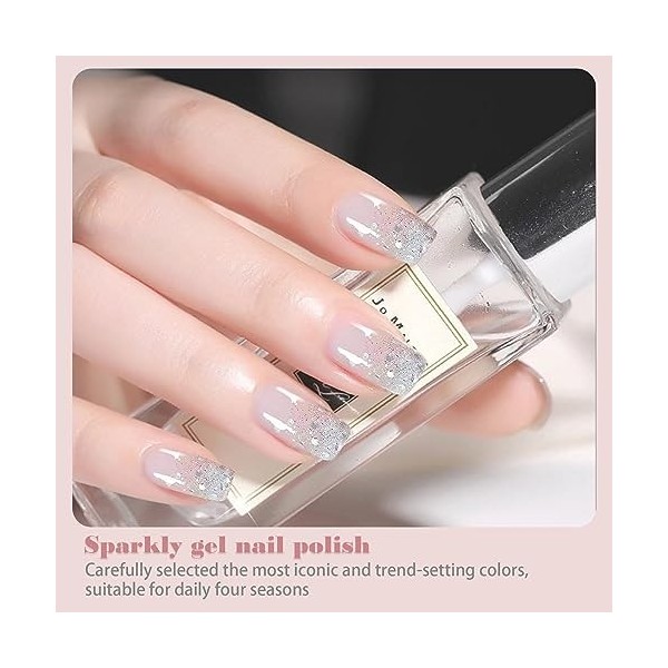 Aieenjor Vernis Semi Permanent Pailleté, Vernis Argent UV LED Soak Off Nail Art Kit Vernis Semi Permanent Vernis à Ongles Sil